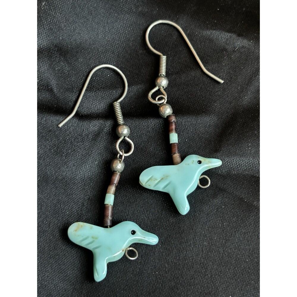 Vintage Native American Turquoise Bird Drop Dangle Earrings 2" Long Fetish Birds